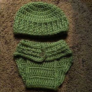 Forest Green Crochet beanie and diaper cover